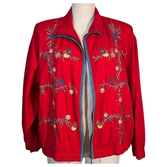 Koret City Blues Embroidered Floral Red Jacket Zipper Closure Size L Coat VTG - Picture 7 of 9